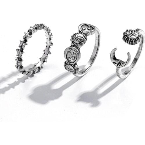 Vintage Punk Moon Stars Rings For Women 3PCS Retro Silver Color Geometric Sun Opening Knuckle Unisex Trendy Finger Ring Jewelry