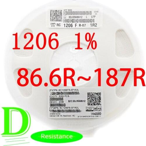 100PCS SMD Resistor RC Series 1206 1% Origina RC1206FR-07 Series 86.6R-187R All resistors 91R 100R 110R 120R 130R 150R 160R 180R