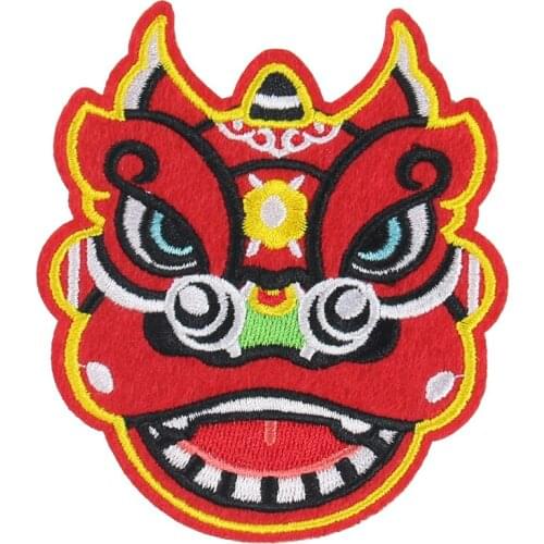 2PCS Lion Dance Head Patches Domineering Embroidery Applique Iron on Patches for Clothing Backpacks Decor Sewing Supplies