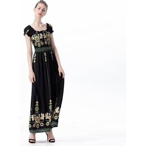 Bohemian Vintage Printed Women Dresses Puff Sleeve High Waist Long Female Dresses Vestidos Elegant Summer Cotton Dress