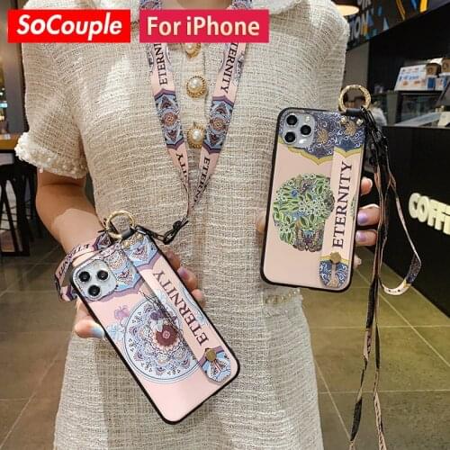 SoCouple Phone Holder Case For iphone 11 12 Pro XR X Xs Max 7 8 plus SE Soft TPU Neck Wrist Strap Lanyard Case Flower Cover