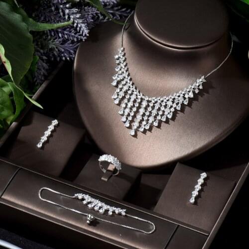 HIBRIDE Simple 4pcs CZ Water Drop Neckalce Earring Set Choker Design Women Bridal Wedding Jewelry Accessories Party Gifts N-784