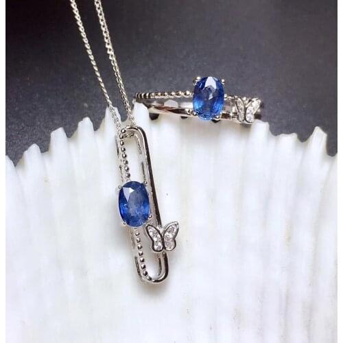 Fashion elegance Butterfly geometry Natural blue sapphire Ring Pendant Natural gemstone Jewelry Set S925 Women gift jewelry