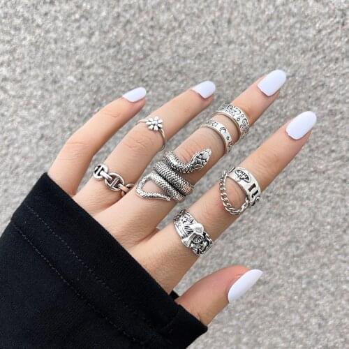 Aprilwell 7 Pcs Punk Snake Ring for Women 2021 Trend Gothic Butterfly Kpop Aesthetic Mushroom Anillos Set Couple Fashion Jewelry