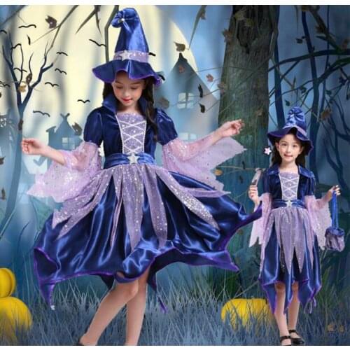 Newest Christmas Girls Halloween Cosplay Witch Costume Props Decoration Dress with Hat Kids Party Clothes Children Clothing Set