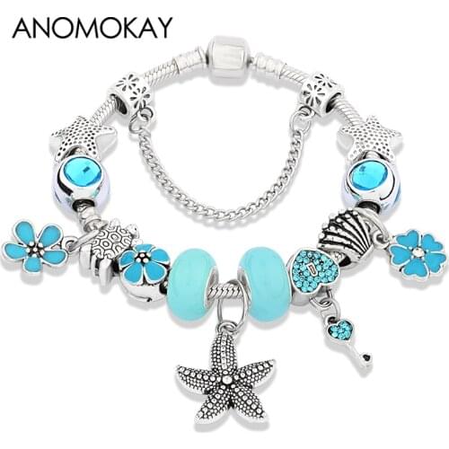 New Blue Flower Heart Crystal Charm Bracelet Starfish Turtle Bead Bracelet DIY Ocean Animal Bracelet for Women Child Gift