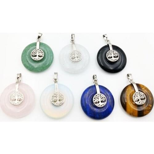 Tree of life mala pendant gems stone donut mala pendant large round circle pendant lapis crystal quartz tiger eye stone charm