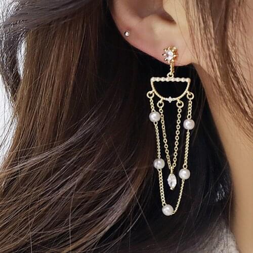 Luxury Cubic Zircon CZ Long Tassel Stud Earrings for Women Japanese&Korea New Style 14K Gold Plated Pearl Earrings