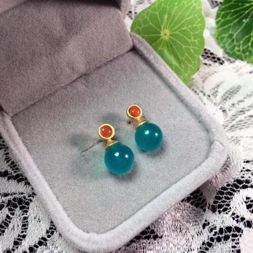 S925 Silver Earrings Natural Crystal Earrings Ball Earrings Blue Amazonite With Southern Red Agate And Jasper Earrings