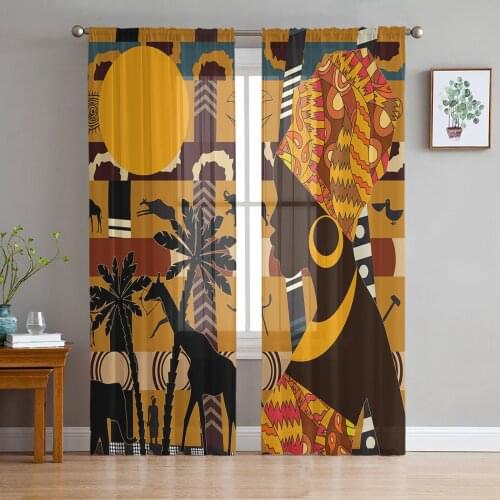 African Woman Female Elephant Giraffe Voile Tulle Sheer Curtains for Bedroom Living Room Kitchen Decor Chiffon Windows Curtain