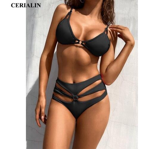 Sexy Bikini Womens Swimsuit Solid Color Hollow Split Bikini Push Up Bandage Swimwear Two-piece Beachwear Swimming Suit