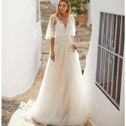 Wedding Dress A-Line Batwing V-Neck Lace Appliques Bridal Gowns Elegant Backless Tulle A Line Vestido De Noiva Свадебное Платье