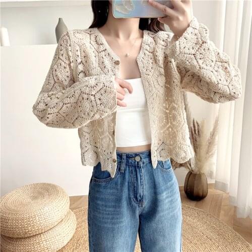 Knitted Crop Tops Womens 2021 Spring Long Sleeve Short Hollow Out Lace Knitwear Geometric Cardigan Single Breasted Crochet Tops
