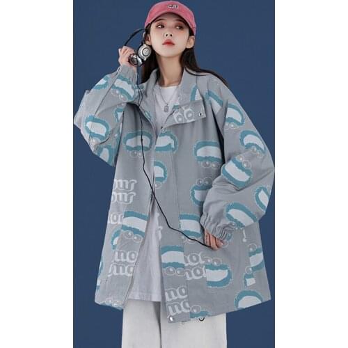 Women Jacket Spring and Autumn Womens Coat Casual Loose Bomber Jacket Street Cartoon Printing Jackets For Women 2021 New Korean