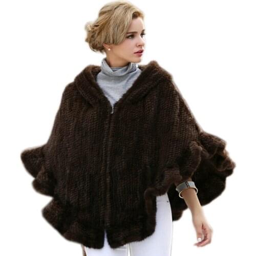 2019 New Genuine Mink Fur Shawl Knitted Real Mink Fur Poncho For Women Natural Fur Warp With Hood Winter Mink Fur Jacket