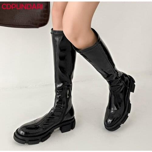 Women Fashion Black Stretch Knee High Boots Ladies Popular Low Heels Autumn Winter Platform Chunky Long Boots Shoes