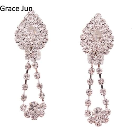 Grace Jun New Arrival Water Drop Rhinestone Clip Earrings Non Piercing for Women Fashion Jewelry No Ear Hole Ear Clip Hot Sale