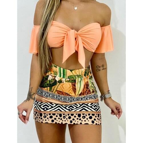 2021 Ladies Bikini Swimsuit High Quality Off Shoulder Tie Front Skirt 2-piece Set