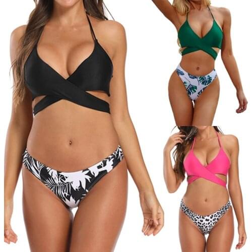 Women Sexy 2pcs Bikini Set Halter Bandage Cross Wrap Back Tie Push Up Swimsuit Low Rise Leopard Leaf Print Bathing Suit