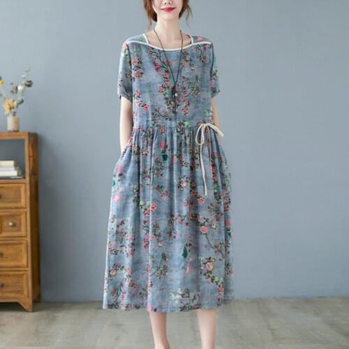 Slash neck Patchwork Print Floral Dress 2021 New Thin Soft Cotton Linen Loose Women Casual Summer Dress Office Lady Work Dress
