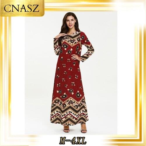 Abaya Turkey Fashion Long Sleeve Stitching Elastic Knit Autumn Print Thin Section Musulmane Femme Muslim Maxi Dress