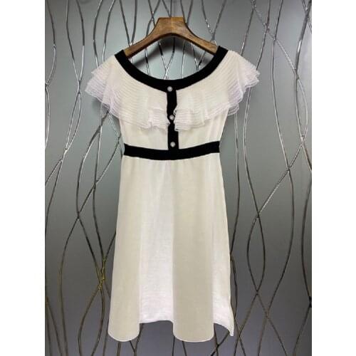 High Quality Sweater Dress 2021 Summer Style Women Cascading Ruffle Lace Patchwork Slim Fitted Casual Black White Knitted Dress