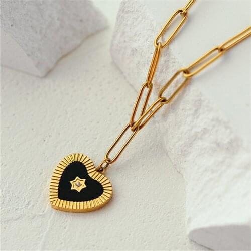 GSOLD Vintage Geometric Black Enamel Love Heart Charm Necklace Simple Paper Clip Chain Ladies Fashion Trend Party Jewelry