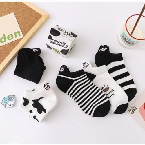 5 Pair Cartoon Animal Cow Print Women Socks Cotton Cute Embroidery Summer Short Ankle Socks Kawaii Aesthetic Femme Chausette