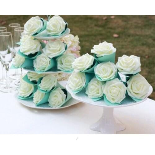 50 x Hot White Rose Flower Bowknot Blue Ice Cream Cones Holder DIY Wedding Favors Candy Boxes Party Gifts Box Bomboniera