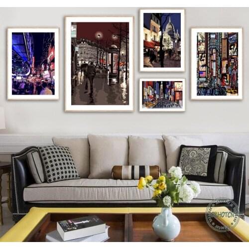 Abstract Paris Street Night Views Poster Lights Umbrella House Tree People Wall Art Canvas Painting Nordic Pictures Room Decor