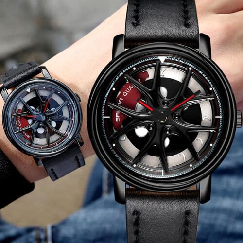 SANDA Men Car Rim Hub Custom Design Wrist Watch Waterproof Leather Quartz Watch Rotating Wheel Dial Watches Man Herrenuhr