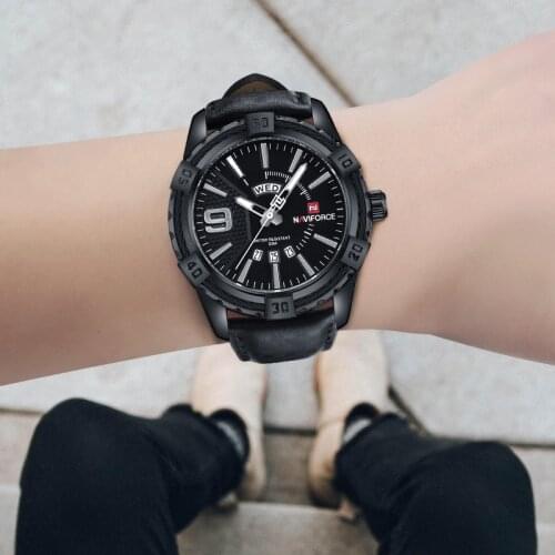 NAVIFORCE Fashion Watch Brand Casual Military Black Simplicity Sports Clock Black Leather Strap Design Wristwatch Gift For Male
