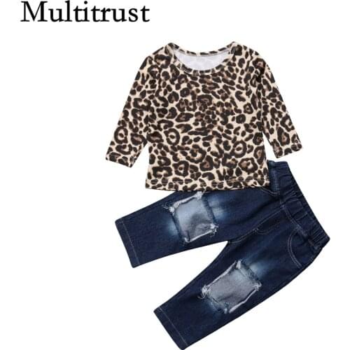 Citgeett Baby Girls Leopard Long Sleeve Tops T Shirt+Destroyed Jeans Denim Hole Ripped Kids Clothes Autumn Outfits