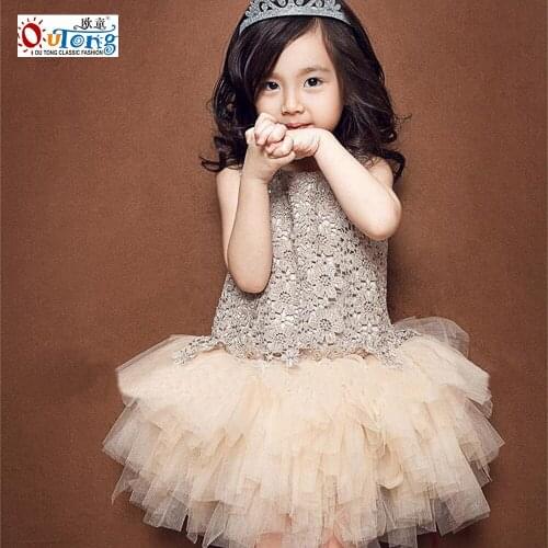 Outong Kids Dress Party Princess Lace Sleeveless Mesh Layered Dress Children Party Clothes Elegant Fluffy Baby Girl Clothing