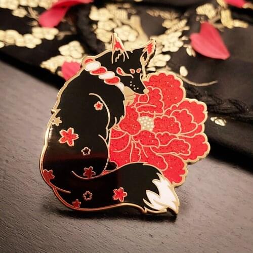 Shrine Kitsune Fox Yokai Dahlia Wolf Enamel Brooch Pin Hat Bag Collar Lapel Pins Badges Women Mens Fashion Jewelry Accessories