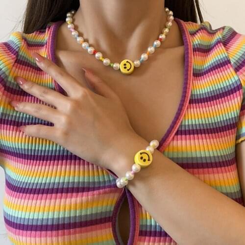 2pcs Korean Pearl Choker Colorful Bohemia Necklace For Women Cute Sweet Girls Bracelet Smiley Face Beads African Jewelry Set