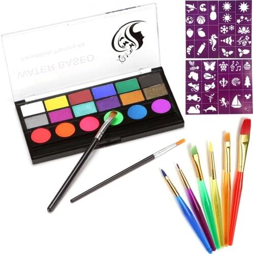 18-Color Water-based Body Face Painting Paint + 8PCS Brushes + 40PCS Stencils for Halloween Masquerade Role Play Cosplay Party