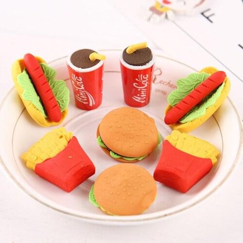 Creative Cartoon Rubber Set Hamburger Fries Shape Pencil Eraser Students and Childrens School Supplies Gifts Stationery Items