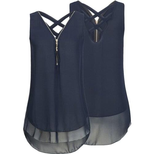 LIBERJOG Women Sleeveless Zipper Crossing Bring Double-deck Chiffon Shirt Top Summer