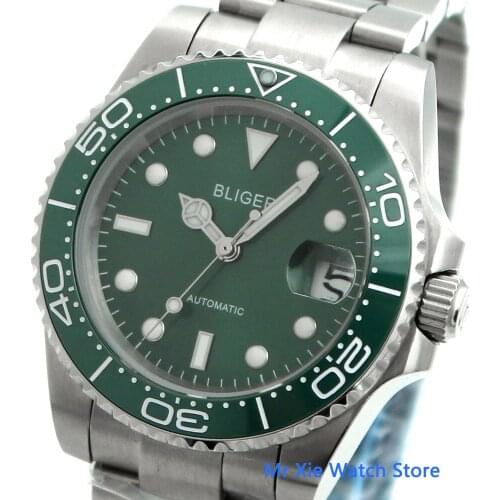 Bliger 40mm Mens Watch Green Dial Ceramic Bezel Sapphire Glass Luminous Waterproof NH35 Automatic Movement Male WristWatch
