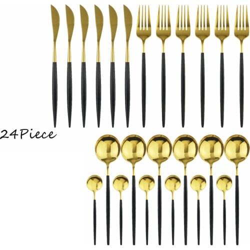 24pcs Black Gold Dinnerware Set Stainless Steel Flatware Set Knife Fork Spoon Tableware Set Kitchen Cutlery Set Dishwasher Safe
