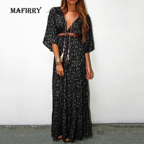 Elegant Lady High Waist Short Sleeve Dress Retro Style Print V Neck Outdoor Maxi Dress Women Summer Casual Loose Dress Vestidos