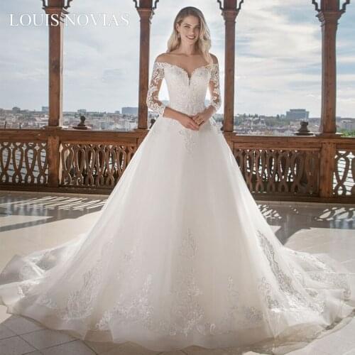 Louis Novias Beach Wedding Dress Deep V-neckline Exquisite Embroidery Three Quarter Cathedral Royal Train Dress For WeddingParty