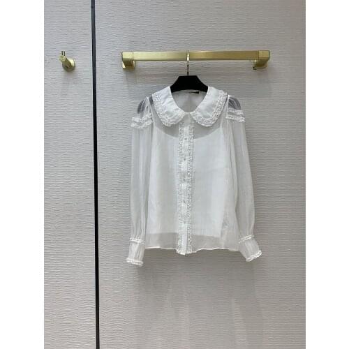 Brand White Silk Luxury Blouse 2021 Early Spring Women New High-end Sweet Fairy Folded Lace Doll Collar Lantern Sleeve Blouses