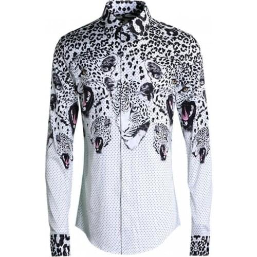 Luxury Men Shrit 100% Cotton Polka Dot And Leopard Head Printed Mens Shirts Casual Slim Fit Fashion Men Shirt Long Sleeve