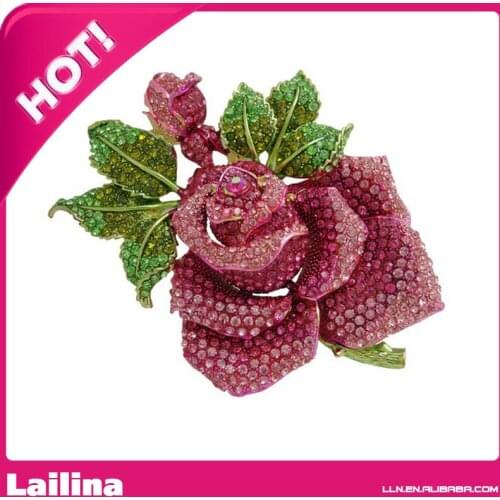 Pink Huge Gold-Tone Red Rose Flower With Green Leaf Pink Bud Crystal Rhinestone Brooch Pin
