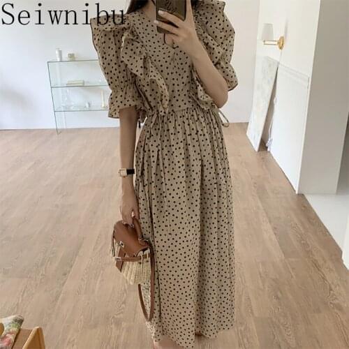 Vintage Elegant Dot Print Chiffon Dress 2021 Summer V-neck Flounced Dresses Puff Sleeve Long Beach Dress Vestidos