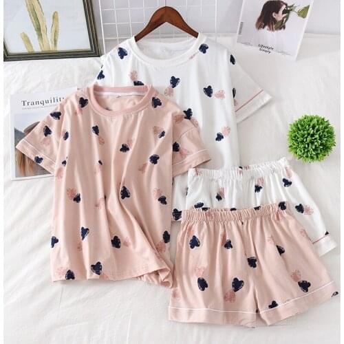Womens 100% Cotton Short-sleeved Shorts In Summer Pajamas Cartoon Summer Sports And Leisure Two-piece Suits Can Be Worn Out