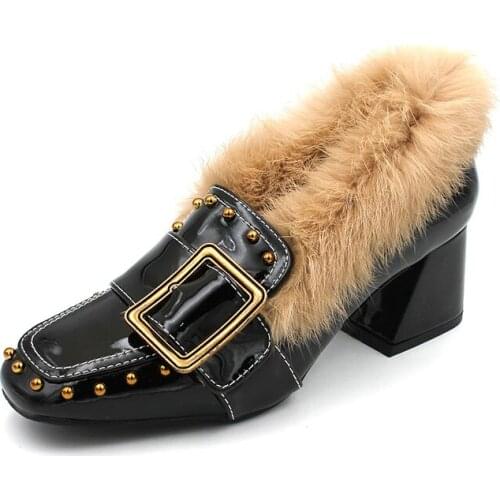 Autumn Winter Warm Square Toe Shoes Female Fur Mary Janes Mid-high Chunky Heels Plush Furry Woman Shoes Fashion Metal Buckle