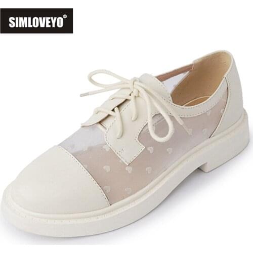 SIMLOVEYO New 2021 Women Flat Shoes Round Toe Genuine Leather Patchwork Transparent Breathable Lace-Up Stylish Big Size 40 B2427